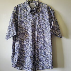 Columbia Mens Button Down Shirt Fish Pattern Short Sleeve Sz Large 100% Cotton